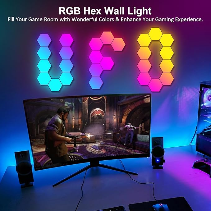 OJQ 20 Pack Hexagon Lights Wall RGB Panel - Hexagonal Led Lights Room Living Decor Wall Lights Birthday Decorations Gaming Equipment Honeycomb Shape Panels Hexagon Gaming Lights for Bedroom Children