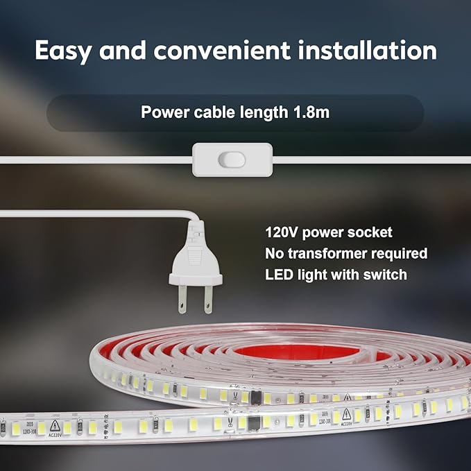 AC 110V LED Strip Lights 3 Meters Cold White LED Rope Lights 9.84FT Flexible LED Strips 120 LEDs/m SMD 2835 Bright LED Tape Light 6000K for Bedroom Kitchen Cabinet