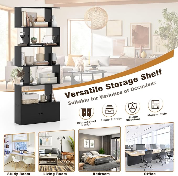 6-Tier Geometric Bookcase Set of 2, 72” Freestanding Room Divider Bookshelf with Open Display Shelves & Storage Cabinet, Wood S-Shaped Storage Organizer for Living Room, Bedroom & Home Office