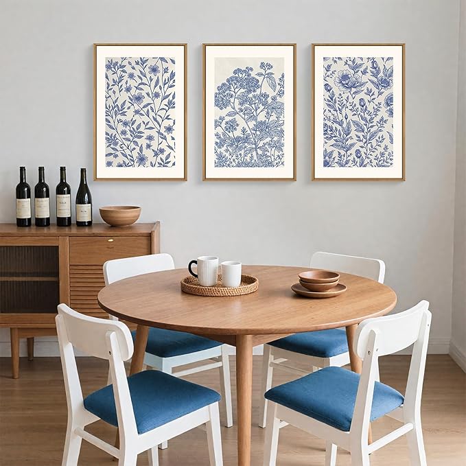 Large Classic Chinoiserie Flower Framed Canvas Wall Art Set,Minimalist Blue and White Floral Wall Decor,Navy Watercolor Botanical Blossom Artwork for Living Room,Bedroom-16 x24 x3