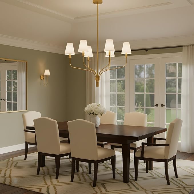 30" Modern Gold Chandelier for Dining Room, 6-Light Brushed Brass Pendant Light Fixture with White Fabric Shade,Mid Century Ceiling Lighting for Living Room Bedroom Kitchen Island, E12