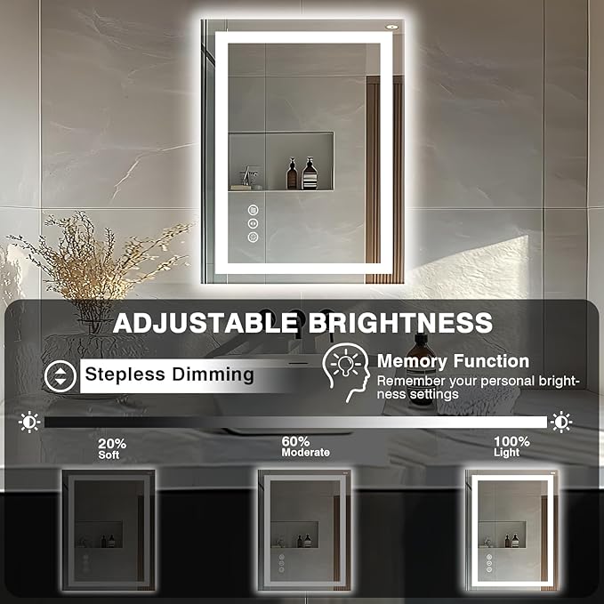 24"x32" LED Bathroom Mirror - Front & Backlit, Anti-Fog Vanity Mirror with Dimmable Lights, 3 Colors Smart Mirror (Horizontal/Vertical)