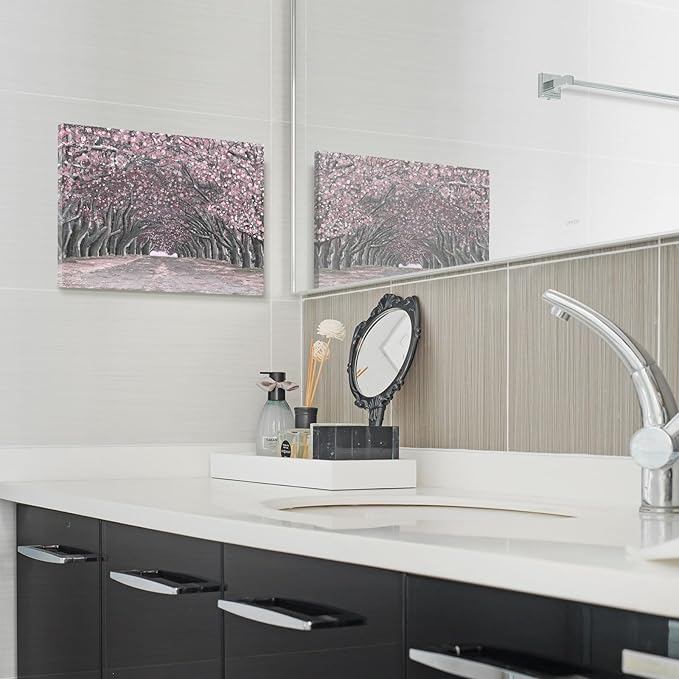 Nicetop Pink Wall Art–Abstract Floral Trees Artwork Canvas Print Romantic Cherry Blossom Nature Forest Path Archway Landscape Picture Decor for Bedroom Girls Room Bathroom, 16x12 Inch