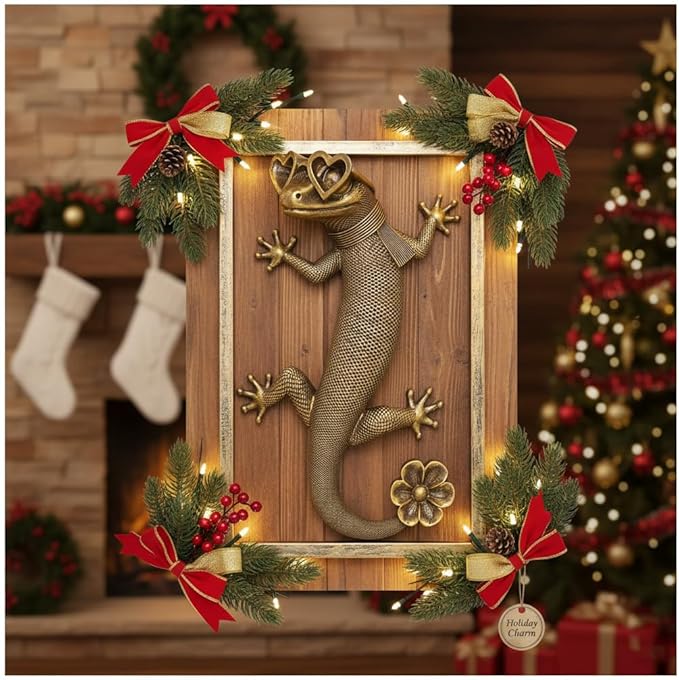 Newinhome Animal Heads Wall Decor (Includes Metal Frame) Resin Animals Sculptures Head Wall Hanging Decoration Gold vintage Wall Sculpture for Living Room Bedroom Office(Lizard)