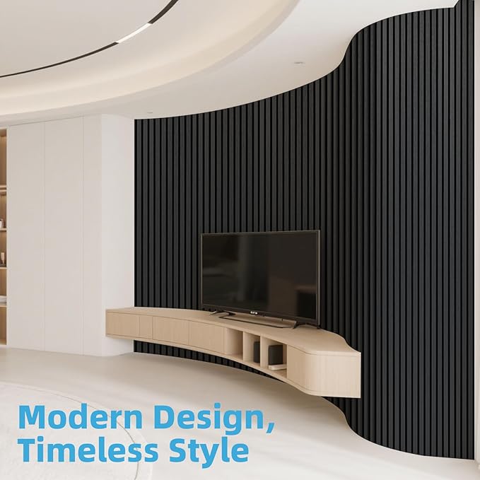 Art3d Acoustic Wood Slat Wall Panel with Roll-Flat Design - 95.3 x 23.8 Inch Sound Absorbing Panels for Living Room Columns Corridor Curved Wall Decor, 2-Pack Blackwood