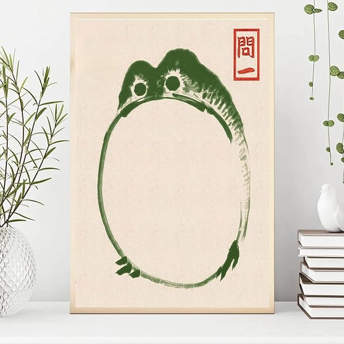 OZCONO Japanese Frog Art Print, Traditional Minimalist Green Ink Unframed Wall Art (30L x 20W)