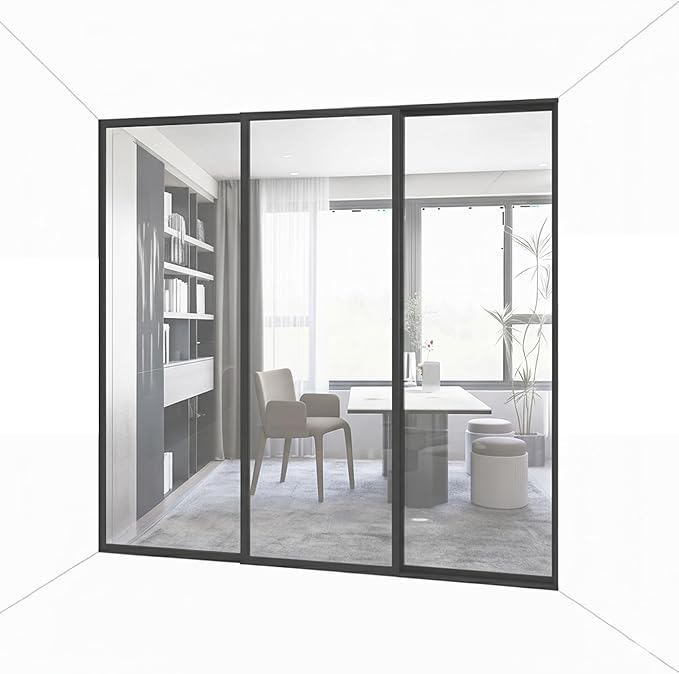 3-Panel Clear Glass Sliding Room Divider - Tempered Glass Wall Separator Screen for Office, Home, Workstation, Cubicle, Desk - Commercial & Residential Partition - 90" W x 80" H, Charcoal Frame