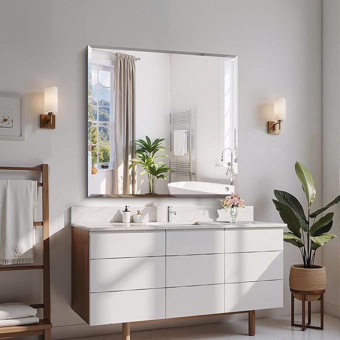 Beveled Mirror, 36x36 inch Square Bathroom Mirrors for Wall, Upgraded Shatterproof Frameless Vanity Mirror Over Sink with Beveled Edge for Bathroom,Bedroom,Living Room and Entryway