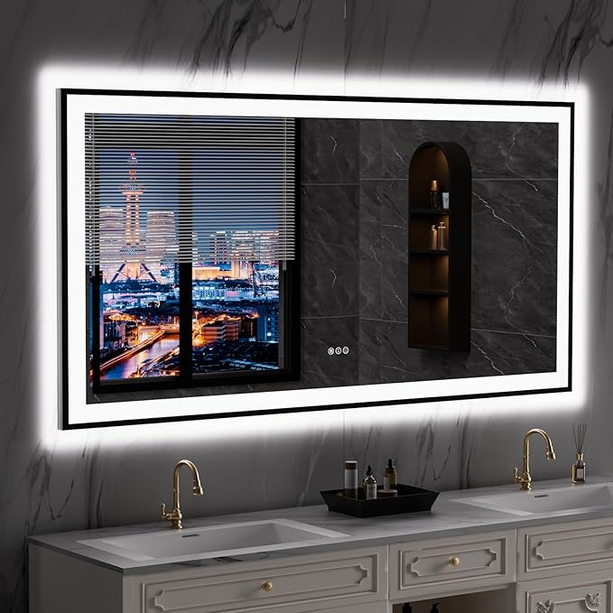 LOAAO 72"X36" LED Bathroom Mirror Black Framed, Anti-Fog, Dimmable, Lighted Bathroom Vanity Mirror for Wall, Memory Function, Tempered Glass
