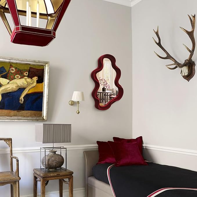 Mirror Wall Decor for Home Office Apartment, Asymmetrical Decorative Mirror for Entryway Porch Fireplace, Irregular Hanging Wall Art Sculpture for Christmas (Wine Red)