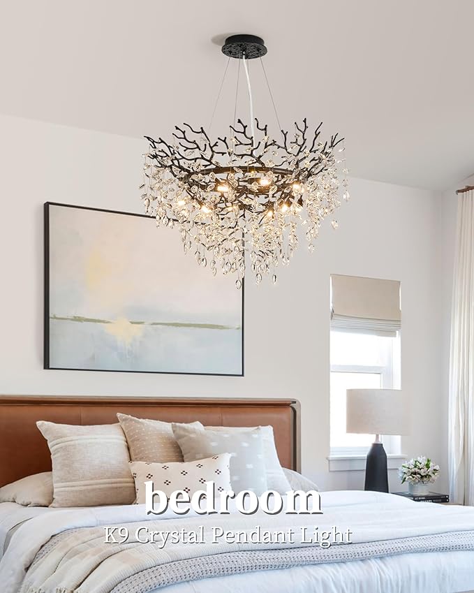 Modern Crystal Chandelier for Dining Room, 31.5" Black Tree Branch Chandeliers, 10-Light Luxury K9 Crystal Round Chandeliers for Kitchen Island Living Room