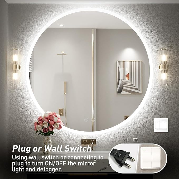 32 Inch Round LED Bathroom Mirror - 6000K Daylight Backlit, Anti-Fog & Dimmable, Frameless Waterproof Mirror with Touch Control, CRI90+, IP54 for Vanity & Makeup