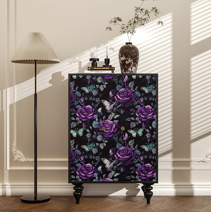 Black Foral Wallpaper Peel and Stick, Dark Purple Rose Contact Paper, Waterproof Self-Adhesive Flower Butterfly Wall Paper for Bedroom Countertop Desk Cabinets Decor 17.4" x 118" Renter Friendly