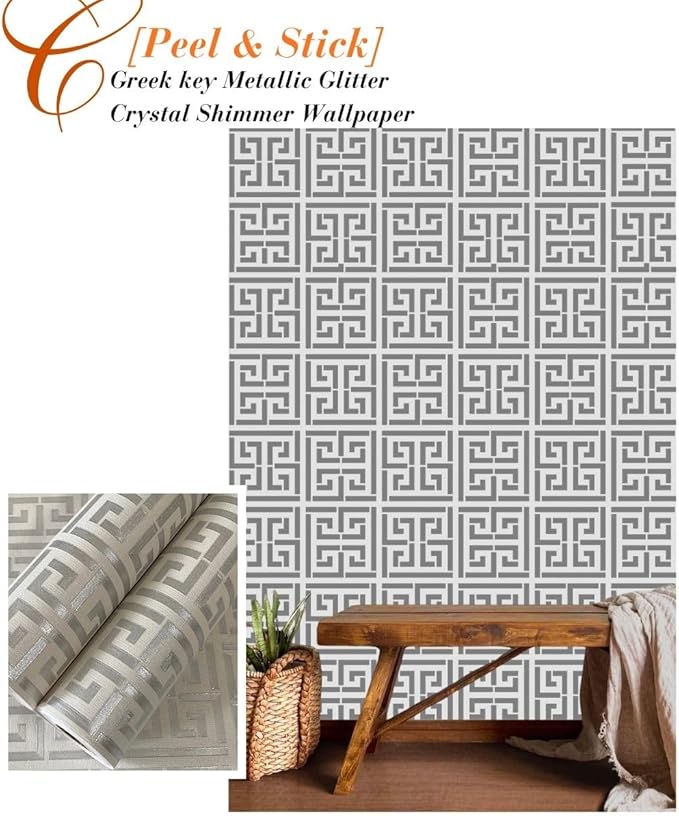17.7"x236.0"Greek Key Peel and Stick Wallpaper Modern Classic Geometric Trellis Self Adhesive Wallpaper Silver/White Textured Vinyl Contact Paper Washable
