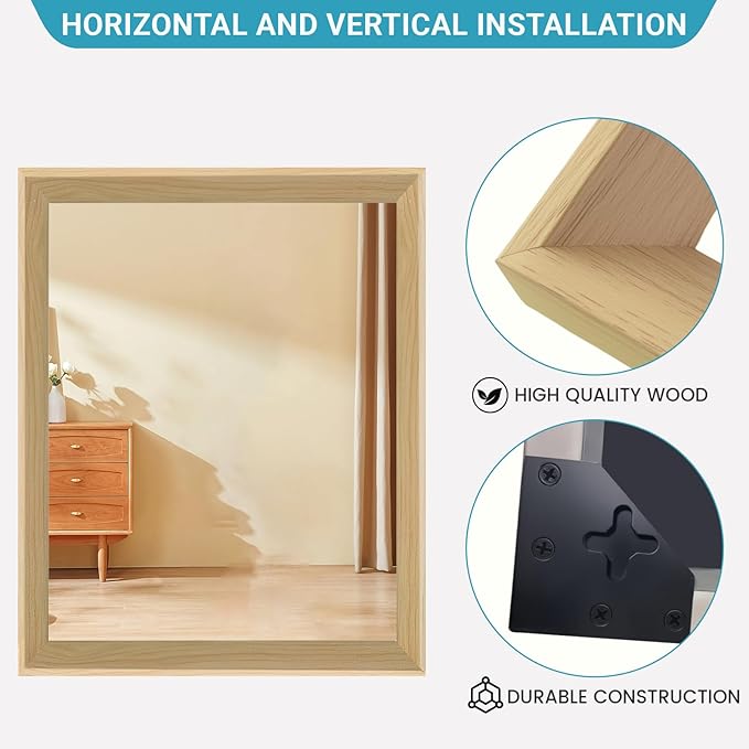 Oak Wood Effect Framed Wall Mirror, 16x20 Rectangle Mirror, 1/8" Anti-desilvering Tempered Glass, Sustainable&Sturdy Frame, Anti-Rust, HD Reflection &3min Fast Setup for Bathroom Living Room