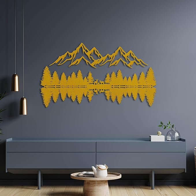 KAWA METALWORKS Mountain and Forest Wall Art Home Decor, Metal Pine Trees and Hill, Large Nature Decor, Mountain Landscape