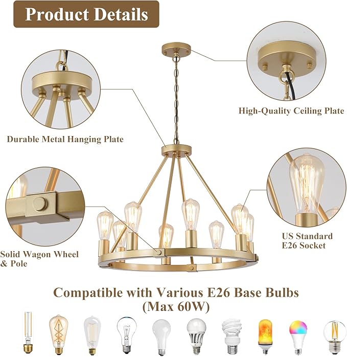 9MMML 23.6“ 8 Lights Golden Wagon Wheel Chandelier, Large Luxury Kitchen Island Pendant Light for Living Dining Room Foyer Entryway,Height Adjustable,E26.