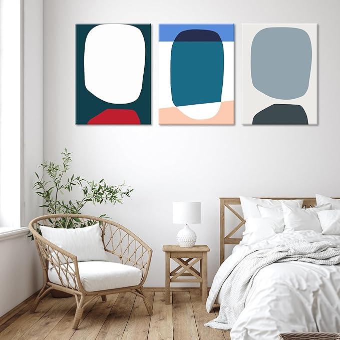 ouiytws Color block simple abstract wall art canvas prints, blue, white, pink of modern simple style, mostly used in the living room, study, bedroom decoration. Frame 16 X 24 in X 3 pieces
