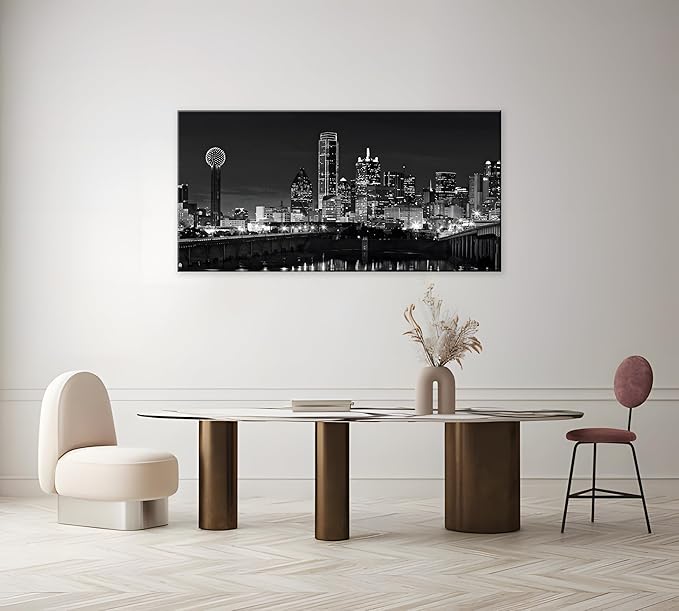 NAN Wind 1 Pcs Dallas Skyline Canvas Wall Art Black White Cityscape Night Scene Modern City Giclee Prints on Canvas Framed Urban Home Decor Skyscrapers Picture Painting for Room Decor