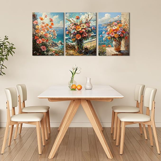 Bouquet on the Beach Vintage Flower Canvas Wall Art French Country Floral in Vase Prints Oil Painting Farmhouse Still Life Poster for Bedroom Living Room Framed - 12x16inchx3pcs