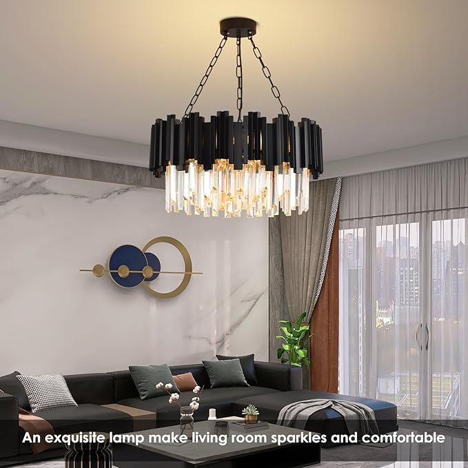 Black Crystal Chandelier Modern Crystal Chandelier for Dining Room Living Room 9-Light Round Contemporary Chandeliers Ceiling Hanging Pendant Light Fixture for Entryway Foyer Bedroom Staircase W22"