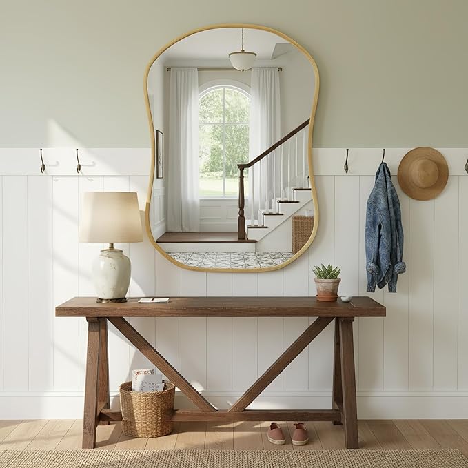 Asymmetrical Wall Mirror 24 * 32 Gold Irregular Abstract Shatter-Proof Aluminum Alloy Decorative Wavy Framed Makeuop Mirrors for Bathroom, Bedroom, Cloakroom, Entryway