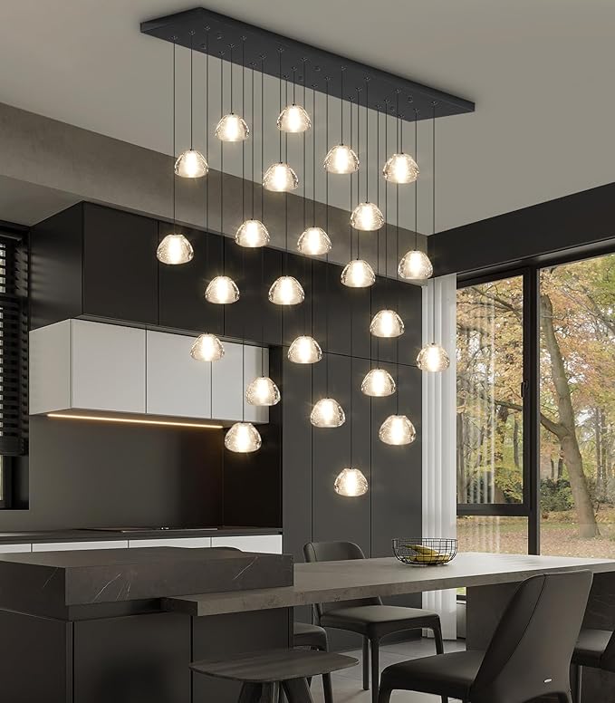 24-Lights Modern Rectangular Crystal Chandelier LED Raindrop Ceiling Pendant Light Crystal Lighting Fixture for Living Room Hotel Staircase Hallway Foyer Entryway Bedroom Black
