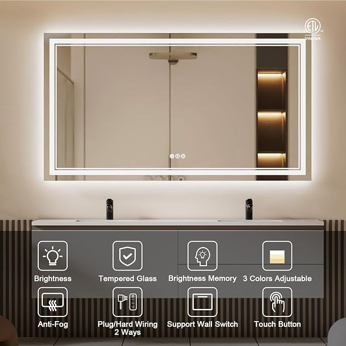 72x40 Inch LED Bathroom Mirror with Lights, Backlit and Front Lighted Bathroom Mirrors for Wall, Anti-Fog Dimmable Memory Shatterproof LED Vanity Mirror for Bathroom