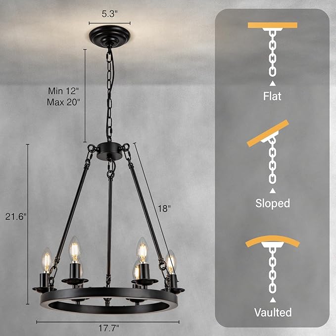 6-Light Black Wagon Wheel Chandelier, Modern Farmhouse Chandelier Rustic Industrial Round Small Wagon Wheel Light for Dining Room, Kitchen, Bedroom, Living Room,Entryways