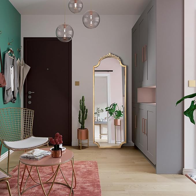 Large Gold Arched Mirror, 61"x22" Vintage Floor Mirror for Dressing, Ornate Baroque Mirrors Full Length, Traditional Carved Mantel Mirrors for Living Room Bathroom Bedroom Entryway