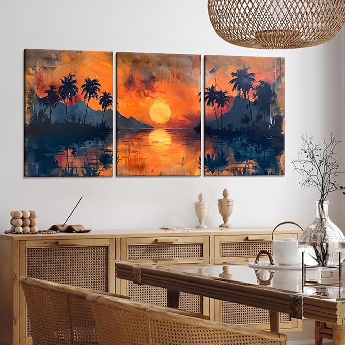 MAMAGO Beach Coconut Trees Wall Decor Coastal Sunset Natural Landscape Canvas Print Poster Oil Painting Style Orange Skyline Modern Home Decor Framed Easy to Hang-20”W x 28”Hx3pcs