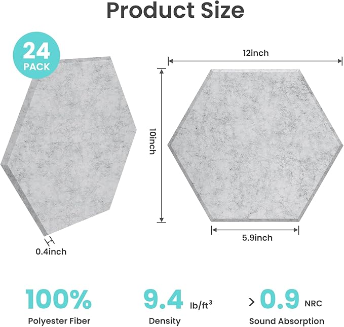 24 Pack Hexagon Acoustic Panels, 12"X10"X 0.4"Black, White and Gray Hexagon Self Adhesive Soundproof Wall Panels, High-Density Sound Absorbing Panels, Acoustic Treatment Panels