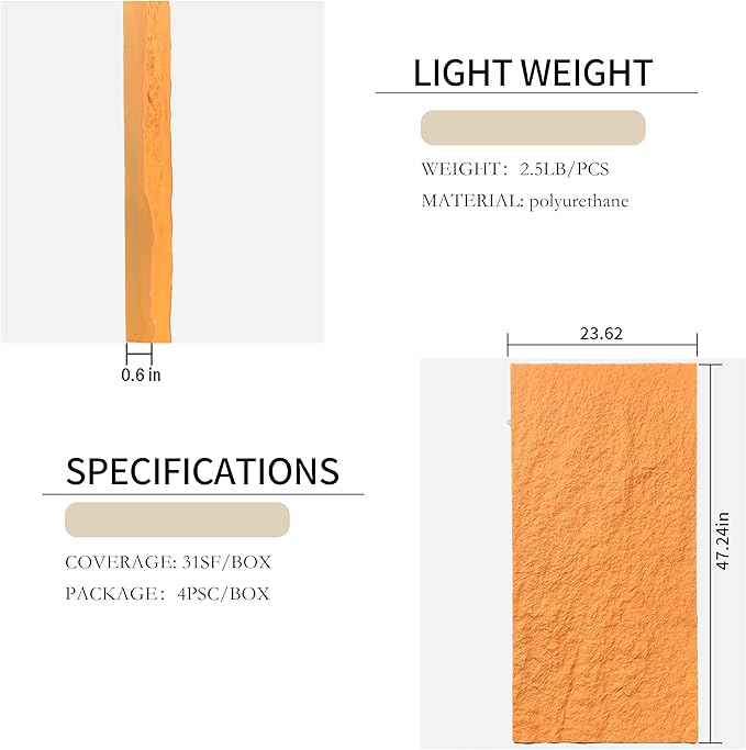 4PCS PU Wall Panels Stone Texture for Interior Wall Decor|3D Wall Panels with Orange Stone Texture|47.24"*23.62" (Orange)
