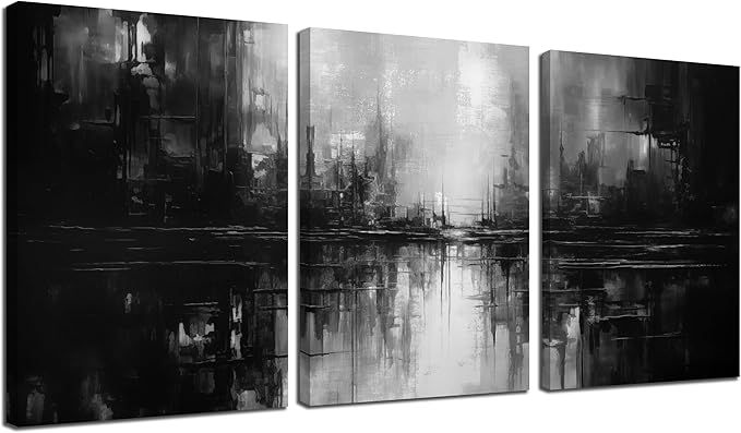Abstract Painting Canvas Wall Art for Office,Black and White Wall Decor for Bedroom,3 Piece Wall Art Living Room 12 x 16 Inch Each Panel