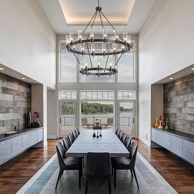 48" Black Chandelier, 2 Tier Wagon Wheel Chandelier with Glass Shade, 24-Lights Large Round Modern Farmhouse High Ceilings Pendant Lighting Fixture for Dining Room, Living Room, Kitchen, Foyer