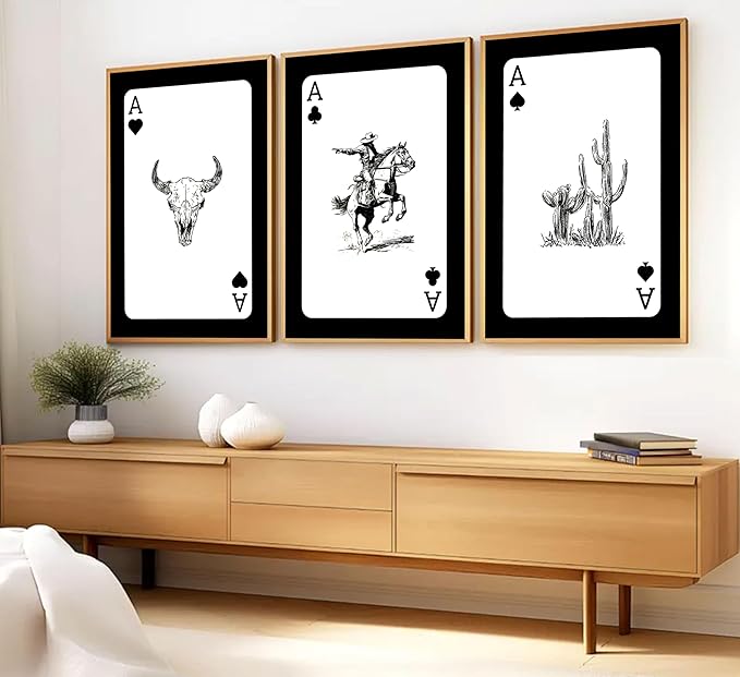 3Pcs Western Cowboy Wall Art Rustic Southwestern Style Poster Printing Vintage Western Poker Ace Paintings Cowboy Horse Bull Skull Cactus Pictures for Bedroom Living Room Bathroom 12x16in Unframed