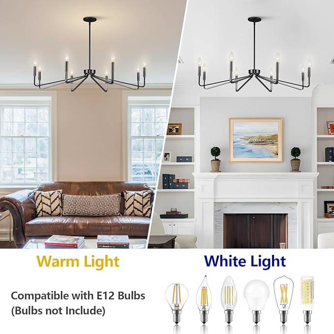 38" Black Chandeliers for Dining Room, 8-Light Modern Farmhouse Candle Style Chandelier, Industrial Hanging Ceiling Light Fixture for Living Room, Kitchen Island, Living Room