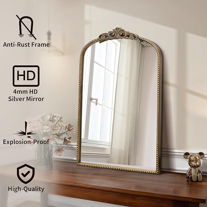 Micasso Vintage Wall Gold Mirror: 31"x 19" French Baroque Antique Mirror - Traditional Ornate Decorative Arched Mirrors for Wall/Bathroom/Entryway/Fireplace/Hallway - Home Decor for Living Room