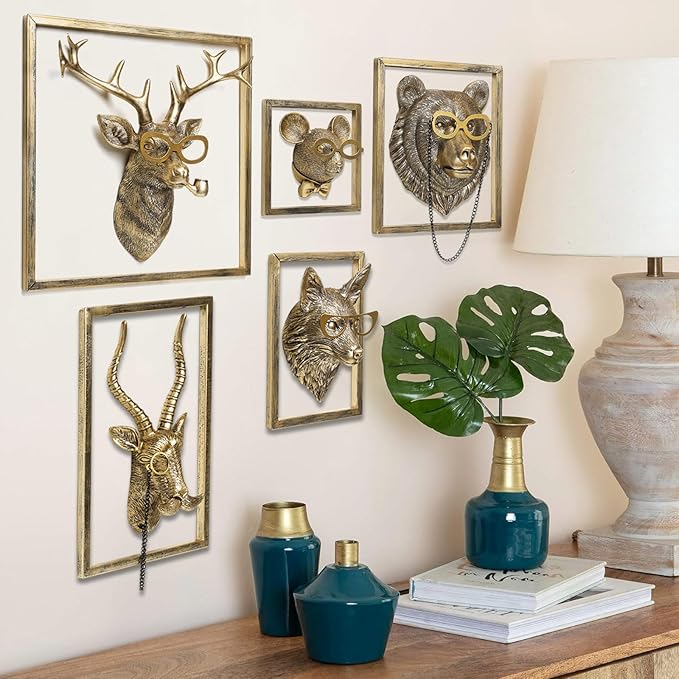 Newinhome Animal Heads Wall Decor (Includes Metal Frame) Resin Animals Sculptures Head Wall Hanging Decoration Gold vintage Wall Sculpture for Living Room Bedroom Office(Deer)