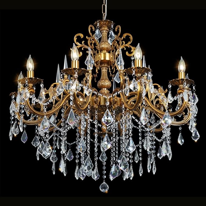 Antique Bronze Chandelier, Vintage Gold Crystal Chandeliers Lighting for High Ceiling Foyer 10-Light Candle Hanging Light Fixture Dining Room Entry Way Hall Large 36.4"
