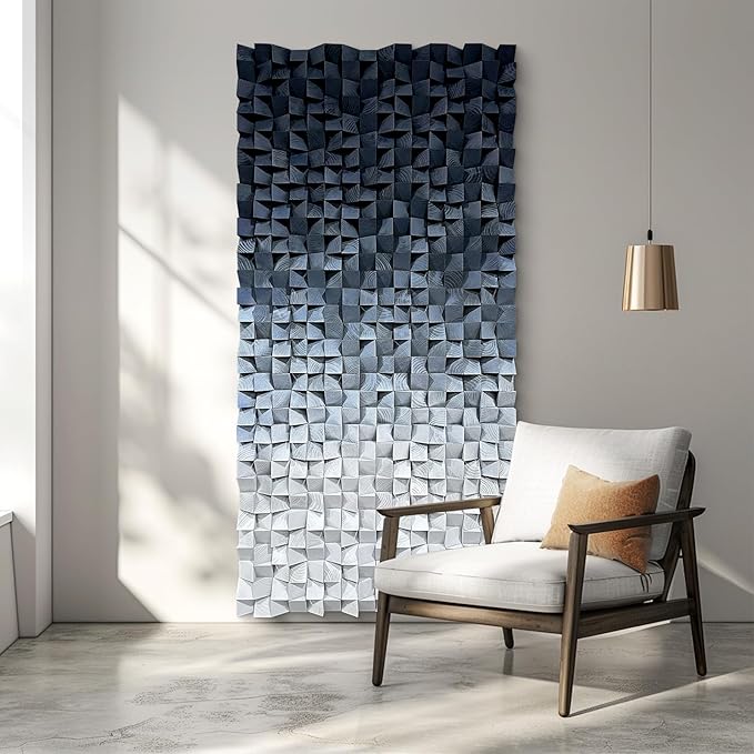 LIUZEYUE - 3D wooden block decoration painting art wall decoration 3D wooden background wall living room bedroom study (blue gray gradient) 39.4"x78.7"