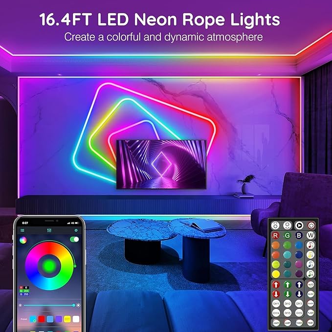 32.8Ft Neon Rope Lights,Flexible Led Rope Lights Control with App/Remote,Multiple Modes Rope Lights,IP65 Outdoor RGB Led Neon Lights Waterproof,Music Sync Gaming Led Light Strip (16.4FT)