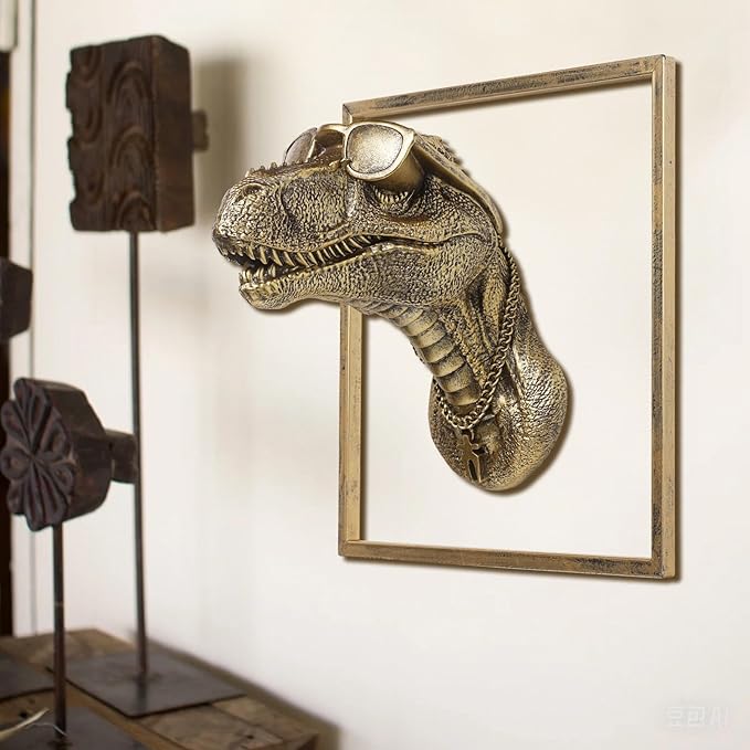 JJALIGHTS Exquisite Resin Animal Head Wall Sculpture (Gift Metal Frame) - Imitation Copper Vintage Decor for Living Room, Bedroom & Office | Decorative Wall Hanging Art (Dinosaur)