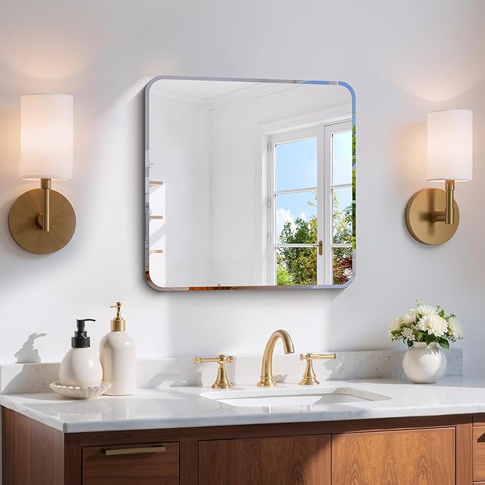 Beveled Frameless Mirror, 18x18 Square Bathroom Mirror Rounded Corner, 18 inch Frameless Vanity Mirror, Shatterproof Lightweight Design Wall Mirror for Bedroom Living Room Entryway