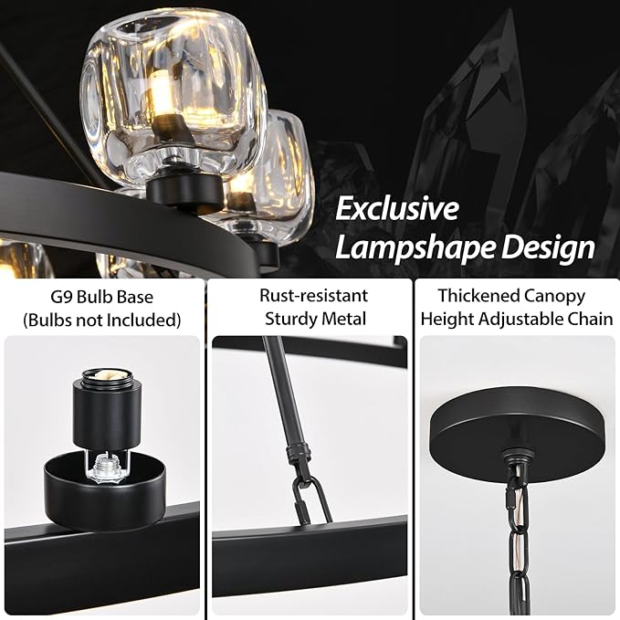 Black Wagon Wheel Chandelier, 59 Inch Black Chandeliers with Unique Glass Shade, 15-Light Crystal Large Wagon Wheel Chandeliers for Dining Room, High Ceiling Round Chandelier for Living Room, Foyer