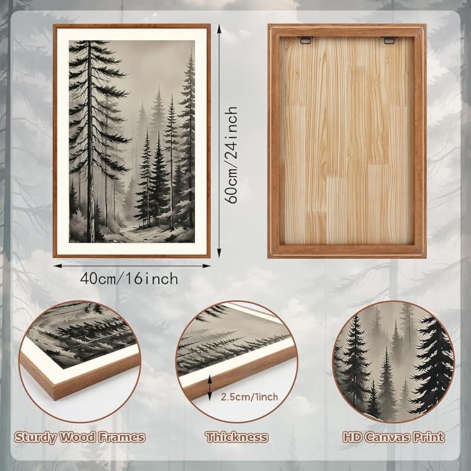 LHIUEM Abstract Misty Forest Framed Canvas Wall Art,Modern Pine Tree Wall Decor,Netural Woodland Painting,Rustic Foggy Landscape Artwork for Living Room,Bedroom,Dining Room -16"x24"x3