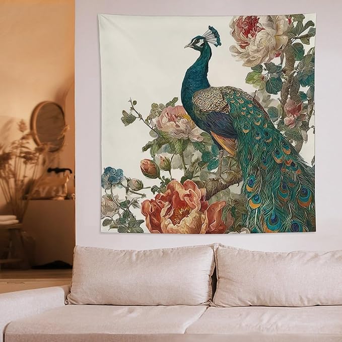 UUKXKUU Peacock Oriental Retro Blooming Flowers Tree Tapestry Flag Backdrop Wall Hanging Large Wall Art Decor for Dorm Office Bedroom Living Room 60"×60"