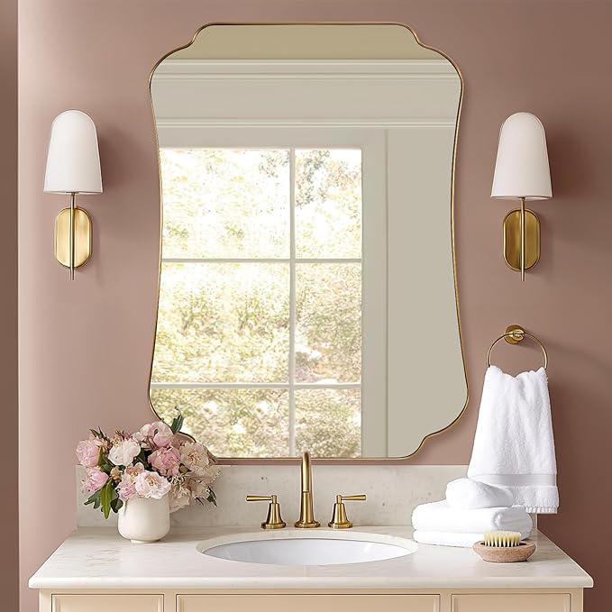 ANDY STAR 30x40 Inch Brushed Gold Bathroom Mirror, Luxury Brass Scalloped Wall Mirror with Stainless Steel Frame, Decorative Wave-Edge Vanity Mirror for Living Room, Entryway, Bedroom