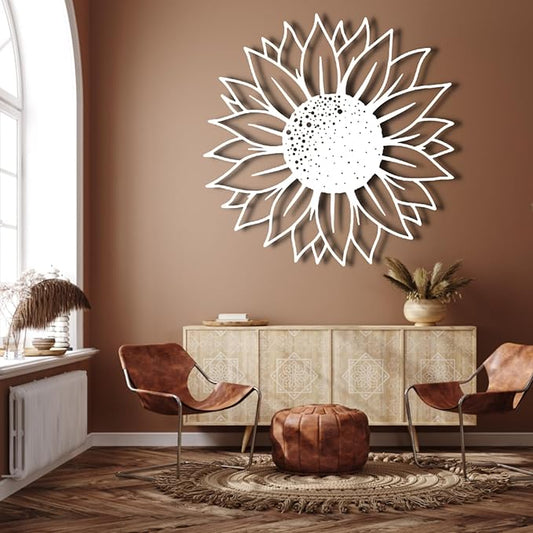 3D Sunflower Wall Art, Home Decor - Metal Flowers (35.4"Wx35.4"H/ 90x90 cm, White) - Housewarming Gift