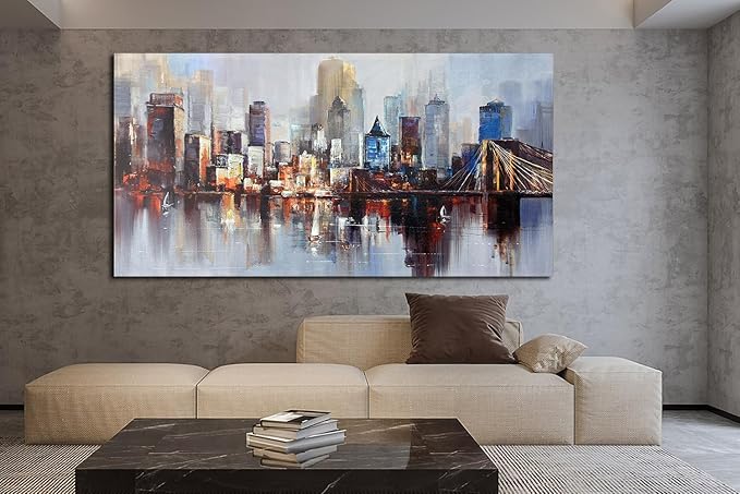 Arjun Brooklyn Bridge Wall Art for Living Room, Modern New York City Abstract Cityscape Canvas Painting, NYC Skyline Textured Picture Bedroom Artwork Home Office Wall Decor Extra Large Framed 58"x29"